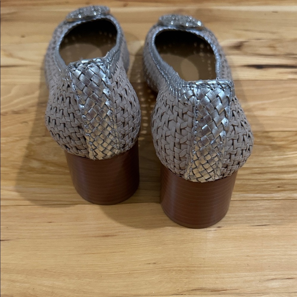Tory Burch Metallic Silver Woven Logo Ballet Low Heels - Picture 3 of 4